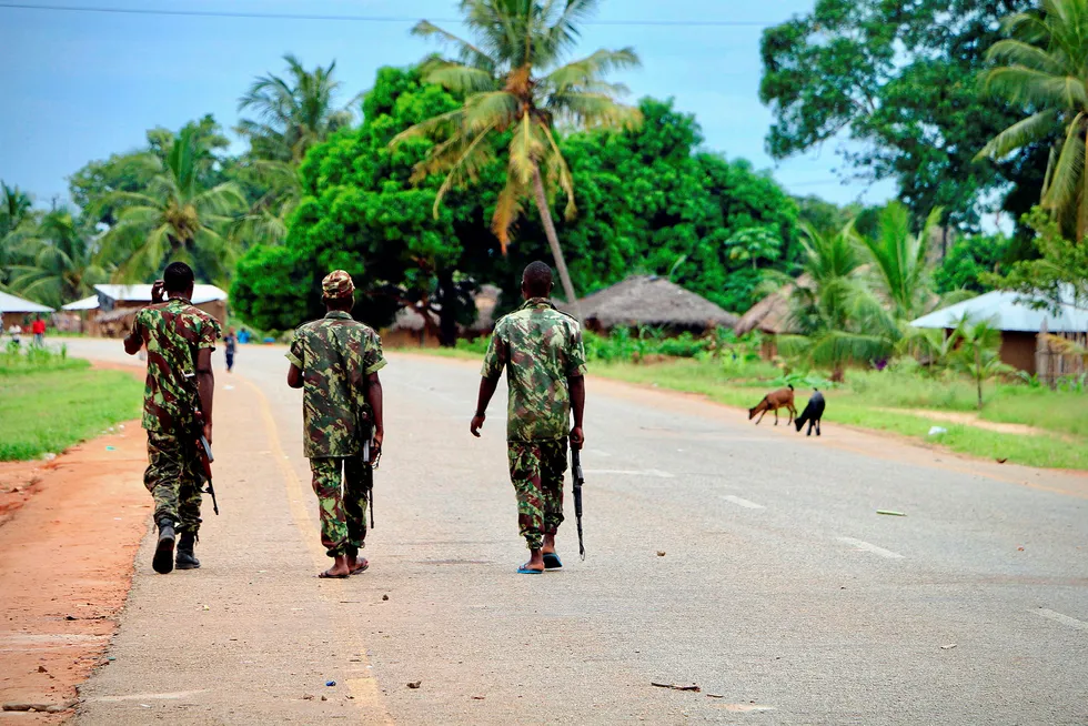 Security: Mozambican soldiers patrol the streets of Mocimboa da Praia two years ago. Islamists now control the port city