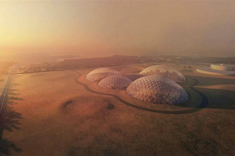 Slik er det tenkt at den nye «Mars-byen» i ørkenen i Dubai vil bli seende ut. Foto: Myndighetene i Dubai
