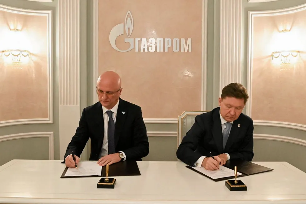 Work in progress: Kazakhstan’s First Deputy Prime Minister Roman Sklyar (left) signs a strategic co-operation agreement with Gazprom in November 2023 in St Petersburg, Russia.
