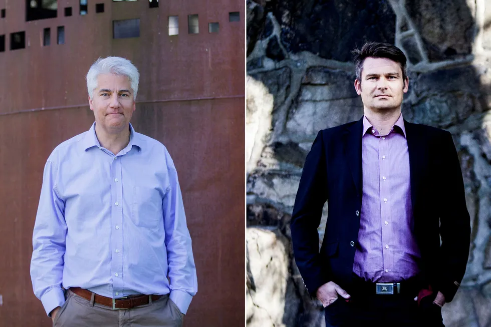 Øystein Dørum og Roger Bjørnstad er sjeføkonomer i henholdsvis NHO og LO.