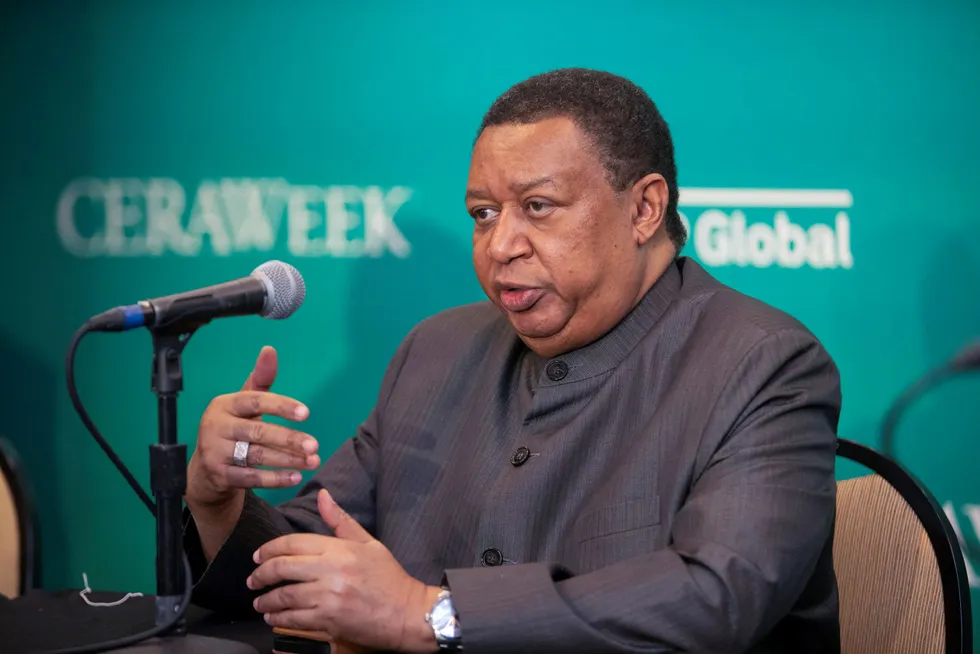 Firm: Opec Secretary General Mohammad Barkindo speaks during the CERAWeek conference in Houston 7 March