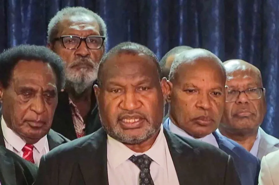 Response: Papua New Guinea’s Prime Minister James Marape (centre) declares a 14-day state of emergency in Port Moresby on 11 January 2024 following rioting.