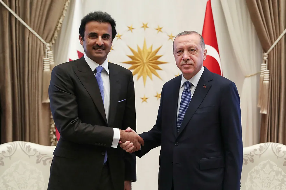Tyrkias president Recep Tayyip Erdogan (t.h.) skal ha få løfter om milliardinvesteringer fra Qatars emir Tamim bin Hamad Al-Thani under dette møtet i presidentpalasset i Ankara onsdag