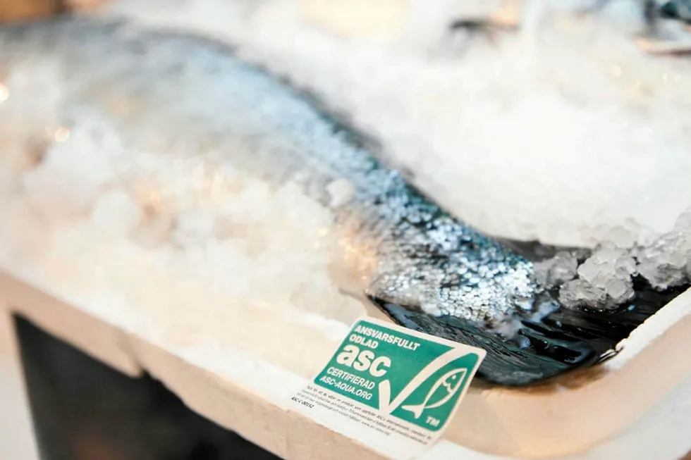 Salmon certified under the Aquaculture Stewardship Council standards.