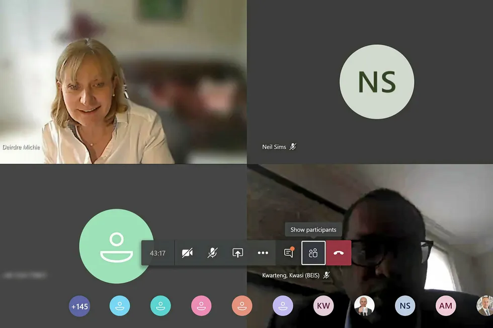 Video conference: a screengrab of the virtual meeting trade body OGUK, led by chief executive Deirdre Michie (pictured top left) held last week with UK Business & Energy Minister Kwasi Kwarteng (bottom right) to discuss the problems facing the North Sea