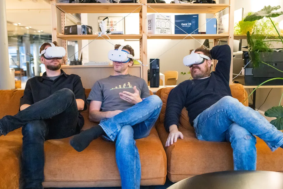 Gründerne bak VR-selskapet Breach as forteller at utgangspunktet da de startet selskapet var at de alle «var fascinert av VR». Styreleder Sindre Grønvoll (fra venstre), teknisk sjef Martin Sivertsen og daglig leder Marius Thorvaldsen.