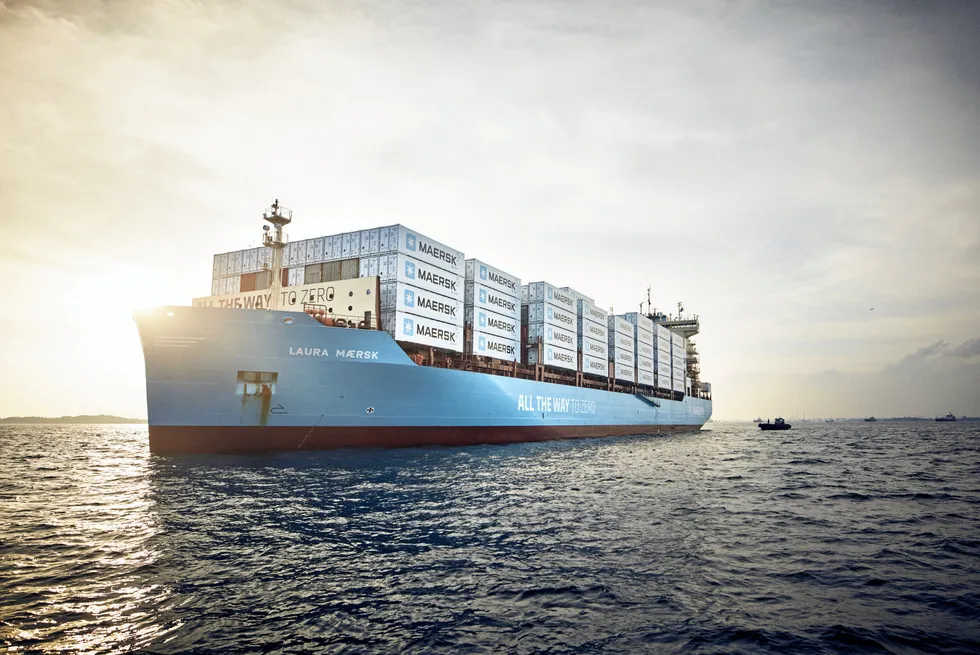 The methanol-powered dual-fuel container ship, Laura Maersk, in Copenhagen on 14 September 2023.