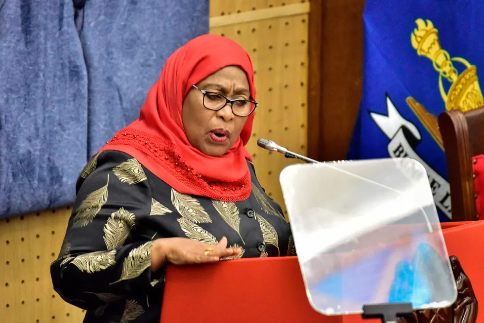 EACOP launch: Tanzania's new President Samia Suluhu Hassan - shown here addressing the national assembly as in Dodoma on 22 April 2021 - joined President Yoweri Museveni of Uganda to witness signing of important deal today in Dar es Salaam