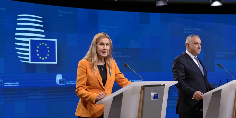 European Energy Commissioner Kadri Simson (l) and Czech industry minister Jozef Sikela (r) at press conference after EU energy council