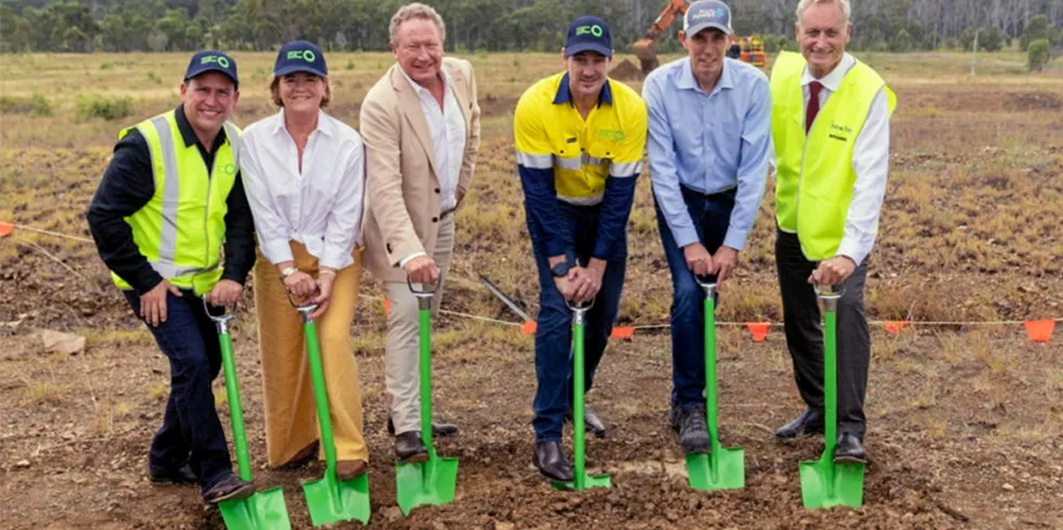 Andrew 'Twiggy' Forrest (third left) with colleagues at the ceremonial dig that marked the start of construction at Fortescue Future Industries' 2GW electrolyser factory in Queensland.