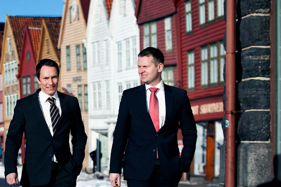 Erik Egenæs (til venstre) og Endre Tangenes startet meglerhuset Nordic Securities i 2010. Egenes er styreleder i systemet som måtte tilføre mer penger til meglerhuset i fjor. Foto: Bjørn Erik Larsen