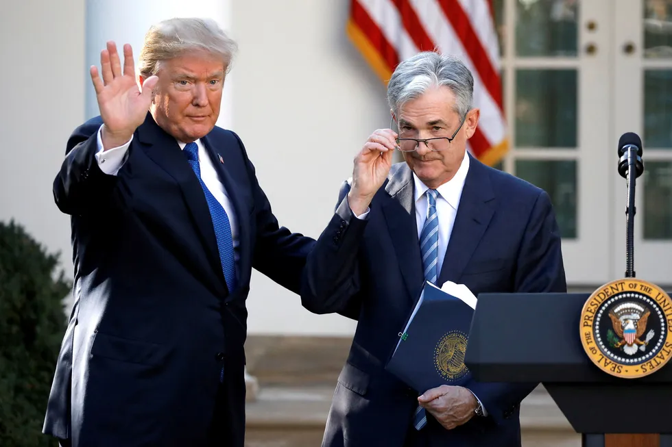 Jerome Powell ble satt inn som Fed-sjef under Donald Trumps forrige presidentperiode, og var også Trumps nominerte. Bildet er fra november 2017.