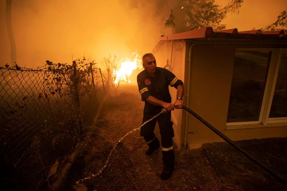 Blazing: a firefighter pulls a hose, as a wildfire burns in the village of Pefki, on the island of Evia, Greecethis month