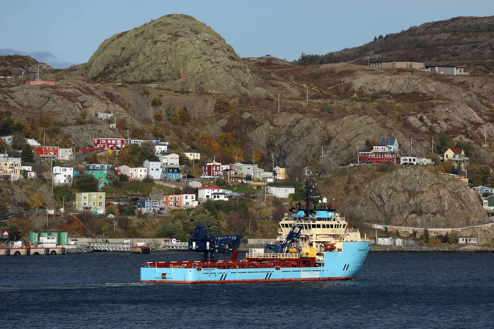 Support base: the Maersk Nexus offshore supply ship leaves St John’s harbour in Newfoundland & Labrador, Canada.