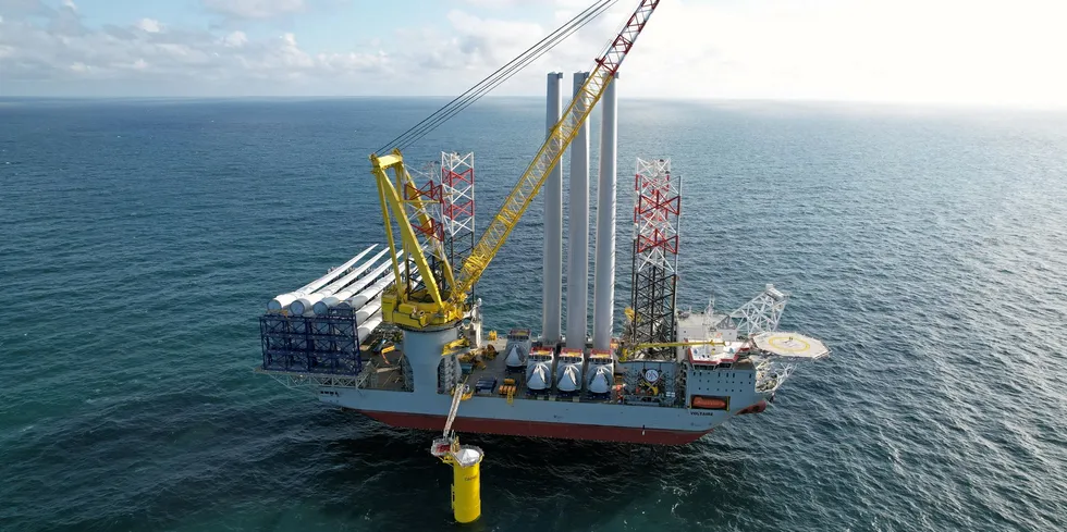 Jan de Nul installing turbines at the giant Dogger Bank project in UK waters.