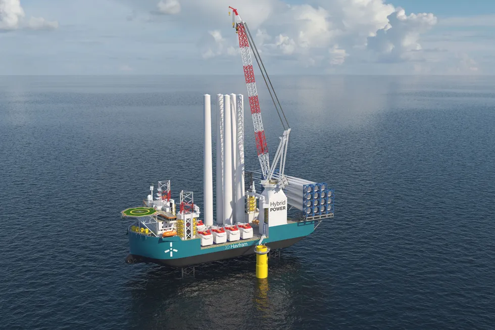 Fra olje til havvind: Her er en illustrasjon av installasjonsfartøyet som Hitecvision-selskapet Havfram håper å bestille minst to av innen slutten av året.