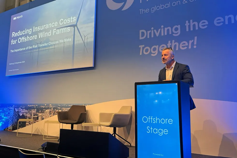 Dan Gumsley, a senior vice president and offshore wind specialist at global insurance giant Marsh, delivers a presentation at WindEnergy Hamburg.