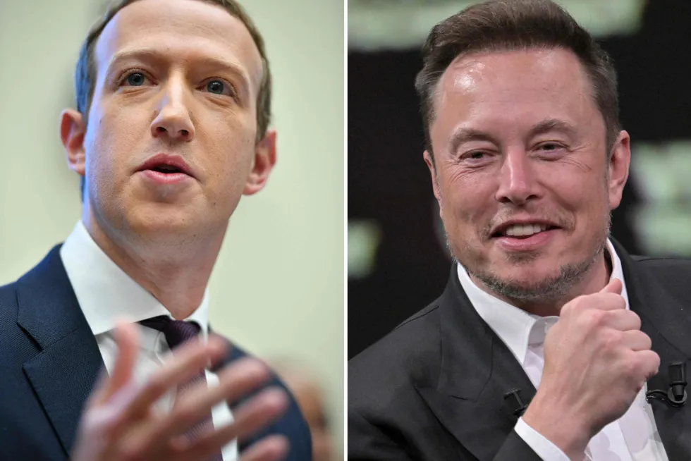 Facebook-gründer Mark Zuckerberg (til venstre) lanserte en kopi av Elon Musk-eide Twitter før helgen.