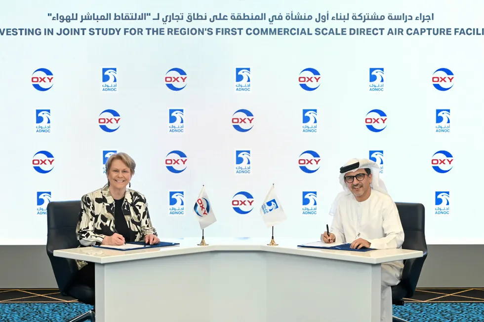 Carbon capture: Vicki Hollub, chief executive of Occidental (left) and Musabbeh Al Kaabi, executive director for low carbon solutions and international growth at Adnoc.
