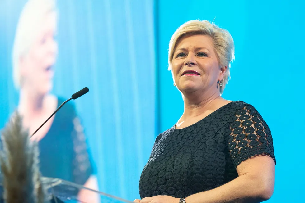 Partileder Siv Jensen holdt tale under Fremskrittspartiets landsmøte på Gardermoen lørdag.