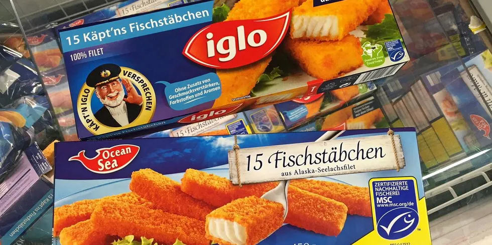 Iglo frozen fish fingers alongside a Lidl private label brand. Both are made with Alaska pollock.