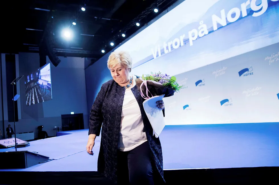 – Vi har et optimistisk budskap, sa partileder og statsminister Erna Solberg da hun holdt åpningstale på Høyres landsmøte. Foto: Linda Næsfeldt