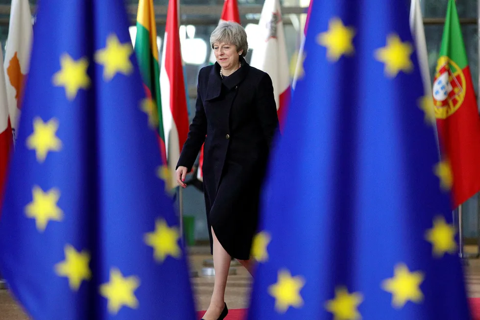 Storbritannias statsminister Theresa May i Brussel torsdag. Foto: Olivier Matthys / AP / NTB scanpix