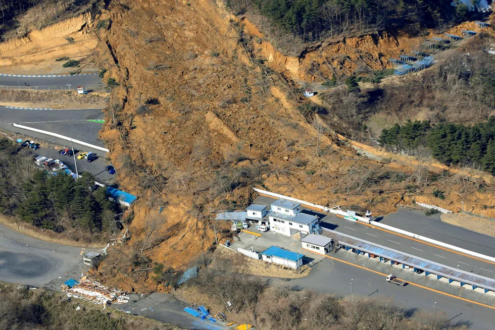 A landslide caused by a strong earthquake covers a circuit course in Nihonmatsu city, Fukushima prefecture, northeastern Japan, Sunday, 14 February 2021. The strong earthquake shook the quake-prone areas of Fukushima and Miyagi prefectures, setting off landslides and causing power blackouts for thousands of people
