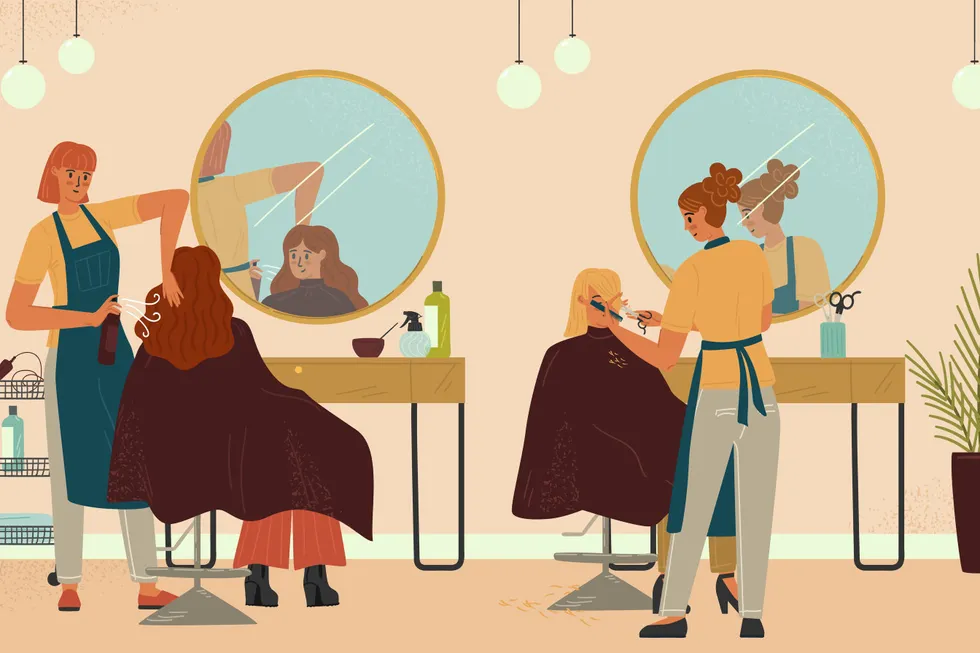 Woman in hair beauty salon, professional hairdresser, vector illustration. Girl haircut and styling. Hairstylist comb and cut customer hair. Barbershop interior.