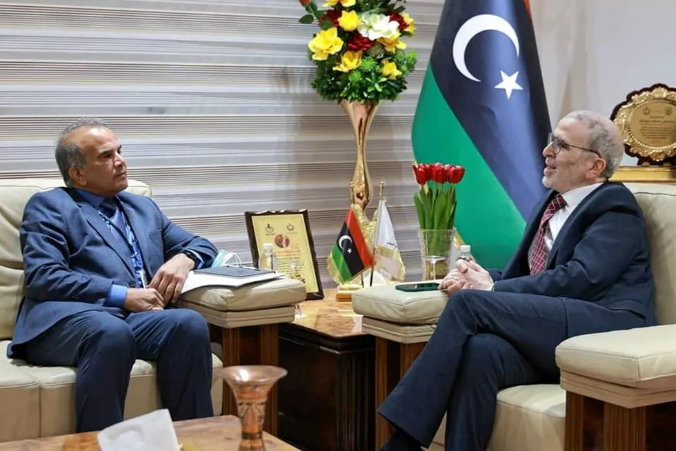 Rig gig: Sarir Oil chairman Fathi Issa (left) in talks with Mustafa Sanalla, chairman of Libya’s state-owned National Oil Corporation, last year