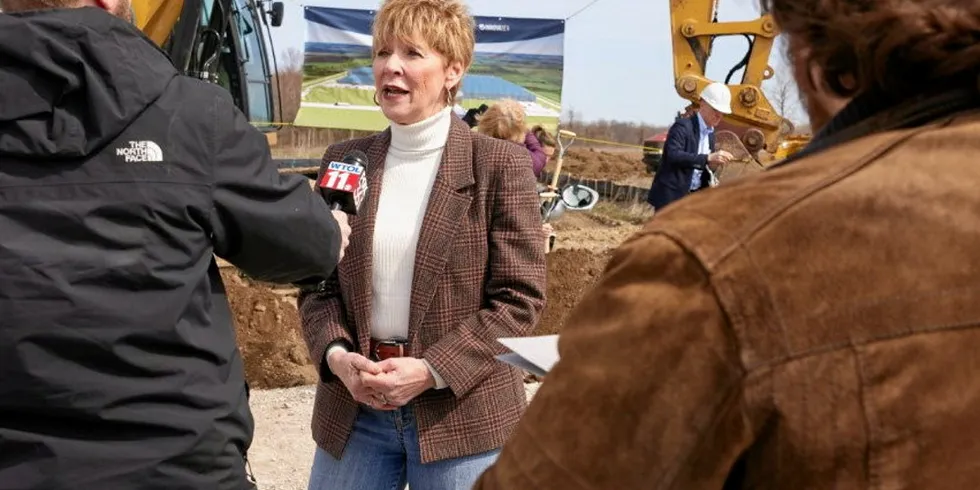 AquaBounty CEO Sylvia Wulf at the company's ground-breaking for its 10,000 metric-ton facility in Pioneer, Ohio.
