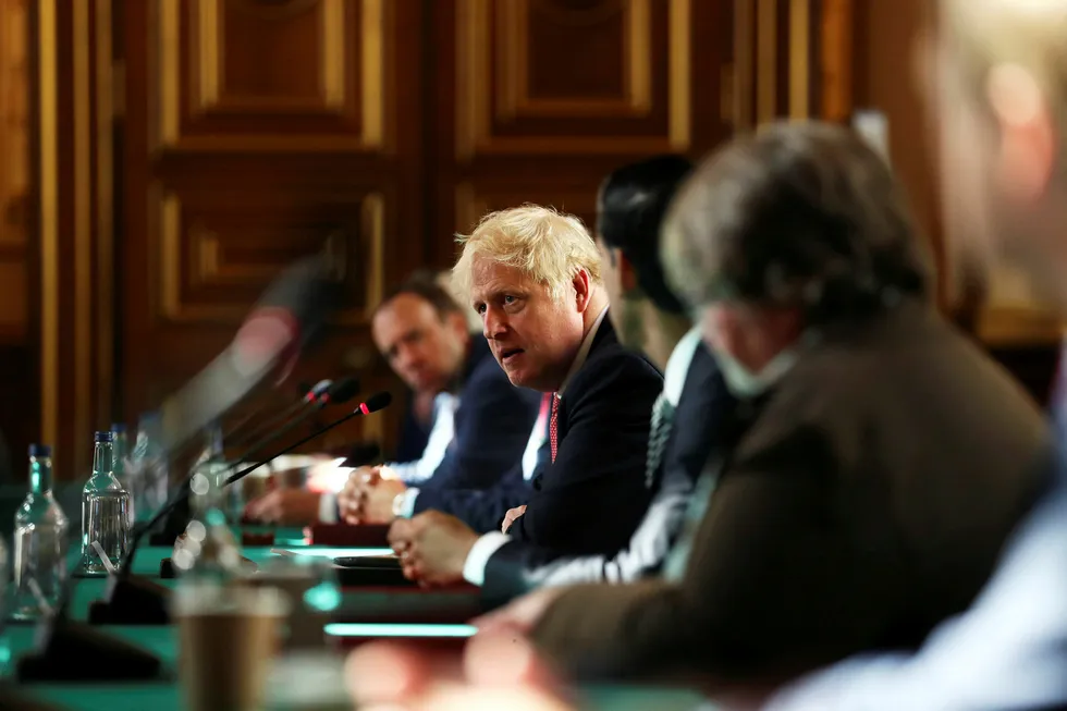 In person: UK Prime Minister Boris Johnson leads a face-to-face meeting of his Cabinet, the first since mid-March because of the coronavirus pandemic