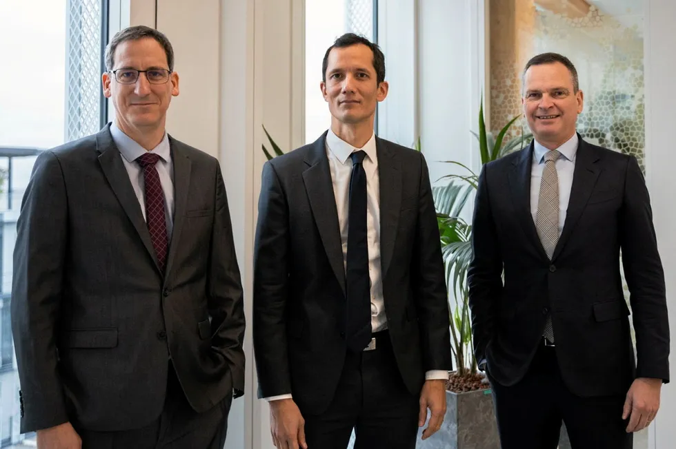 (l-r) John Cockerill managing director François Michel, Rely CEO Damien Eyriès and Technip Energies CEO Arnaud Pieton.