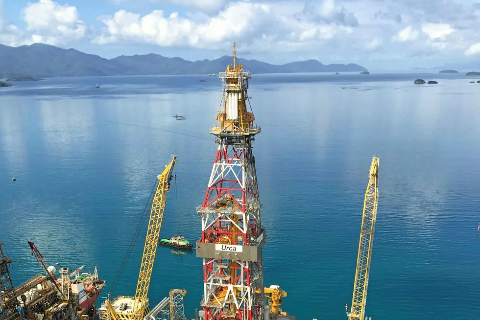 Waiting: the semi-submersible drilling rig Urca seen sitting at dockside in the BrasFels shipyard in Brazil