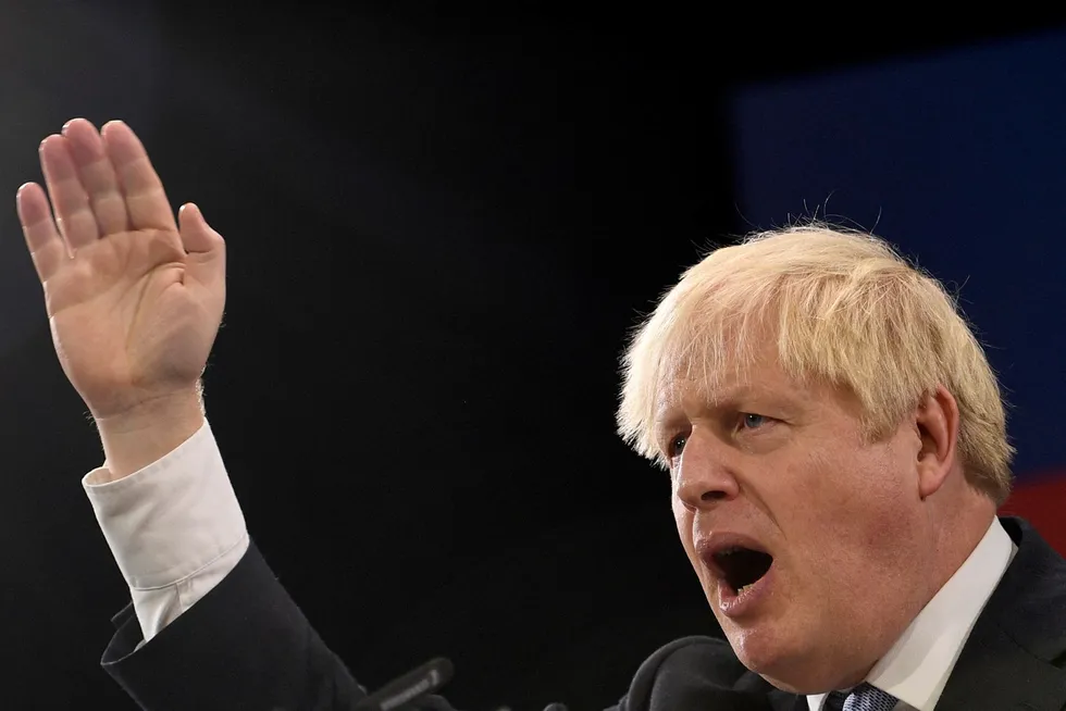 Storbritannia statsminister Boris Johnson med store, men vage løfter til partilandsmøtet i Manchester.