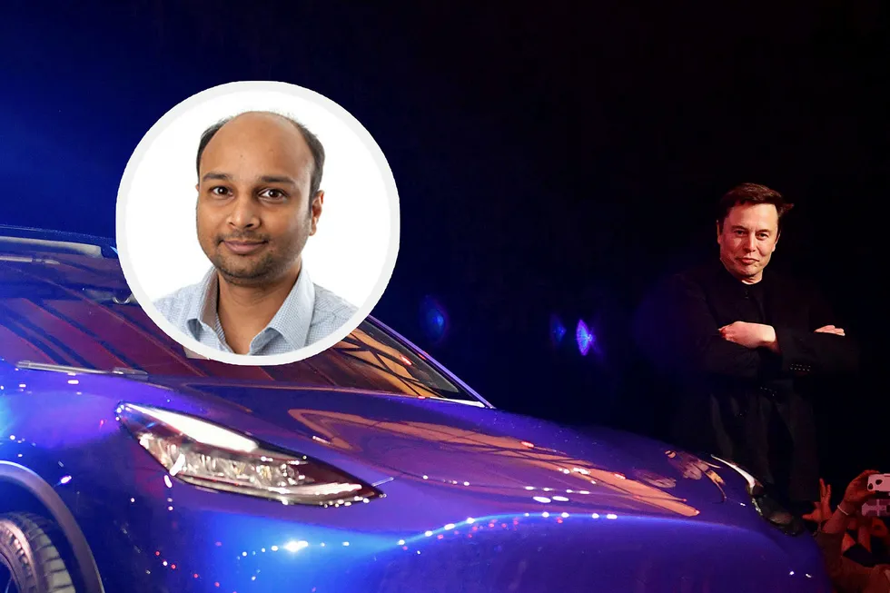 Sintef-forsker Kaushik Jayasayee (innfelt) er positiv til Tesla-gründer Elon Musks batteriplan.