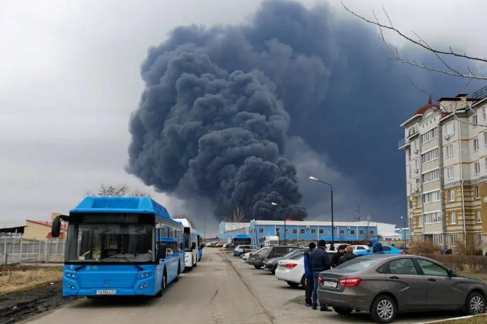 Aftermath: a fuel storage depot operated by Rostneft burns in the Russian city of Belgorod on the morning of 1 April 2022