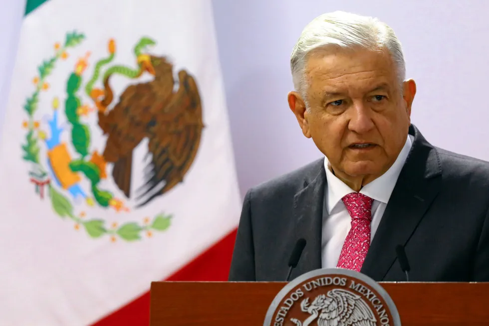 Eagle eye: Mexico's President Andres Manuel Lopez Obrador delivers a speech on the third anniversary of his presidential election victory