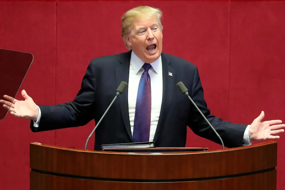 USA president holdt onsdag tale i nasjonalforsamlingen i Sør-Korea. Der snakket han mest om Nord-Korea og Kina. Foto: Laurent Fievet/AFP photo/NTB scanpix
