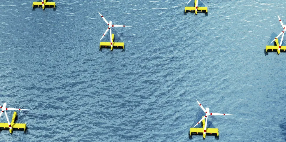 CGI of an array of Floating Power Plant wind-wave energy units