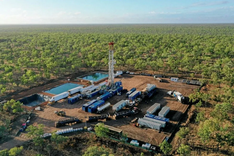 Ready to spud: the SLR 183 rig on location at the Carpentaria-1 drilling pad in EP187
