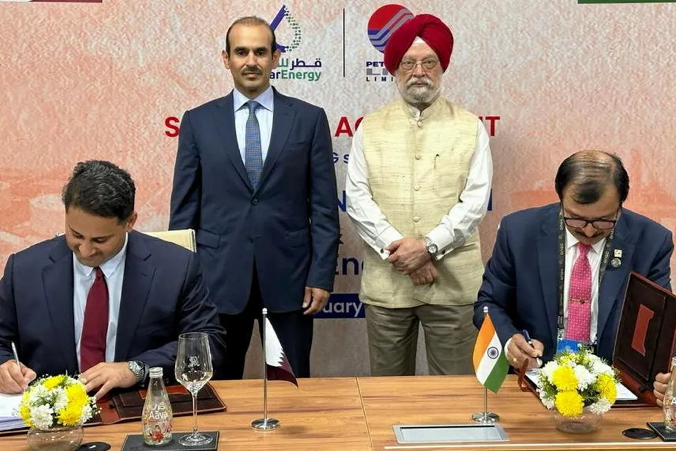 Gas supply deal: Qatar's energy minister Saad Sherida Al-Kaabi and Indian Petroleum Minister Hardeep Singh Suri witness signing of the LNG supply deal between the two nations.