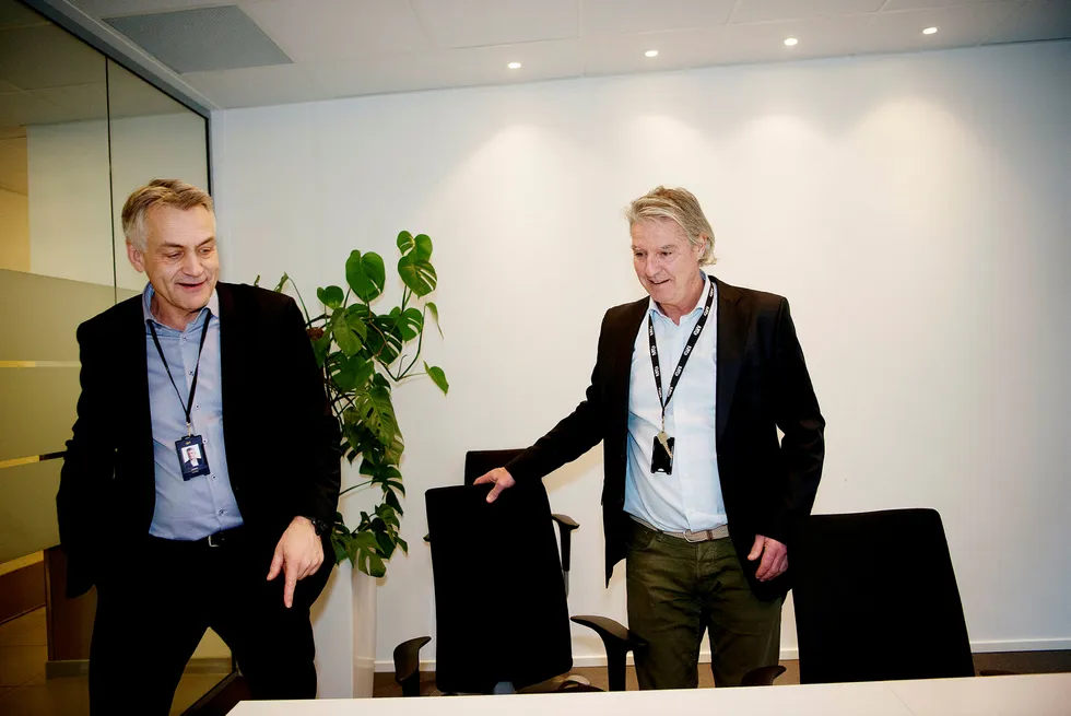 Gunnar Evensen i Get og TDC Norge og Morten Aass i MTG Norge, her i forbindelse med at fusjonen mellom selskapene ble annonsert 1. februar. Foto: Mikaela Berg