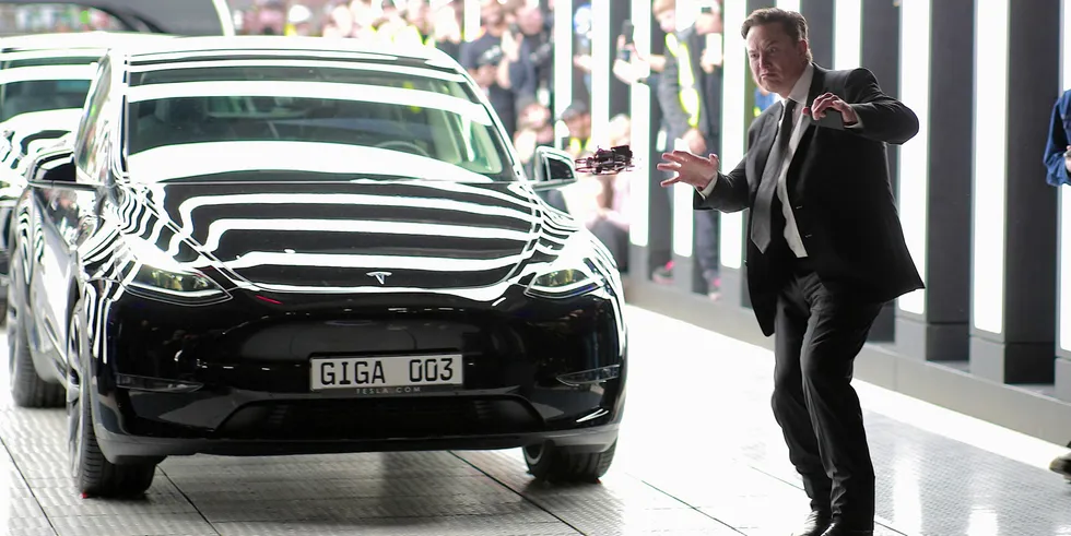 Tesla CEO Elon Musk dancing during the opening of the Berlin gigafactory for e-cars and batteries