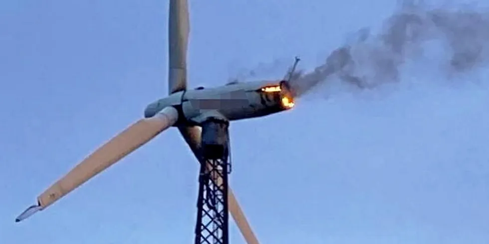 Burning wind turbine at Stemwede wind farm.