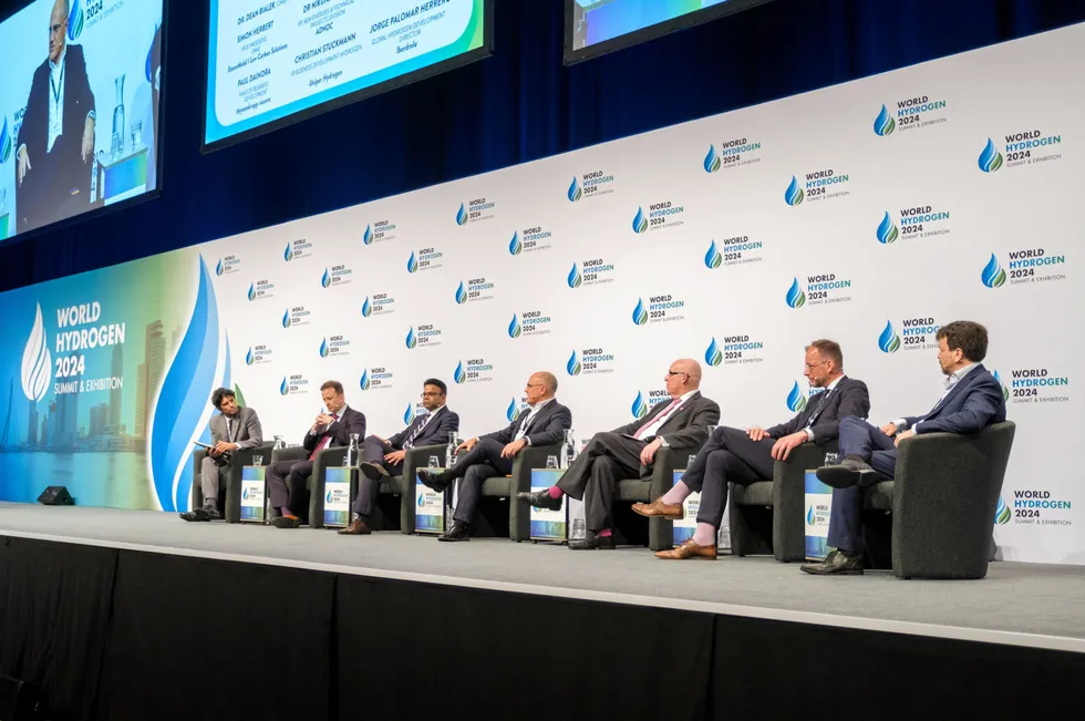 Uniper's Christian Stuckmann, second from right, on stage at the World Hydrogen Summit in Rotterdam today.