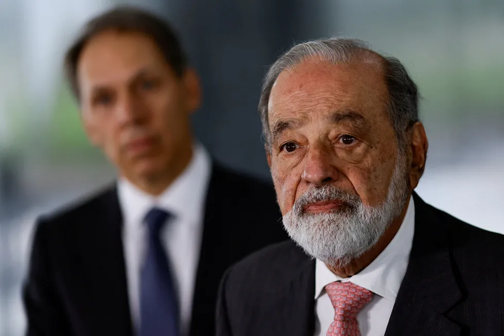 Mexican billionaire Carlos Slim speaks after a meeting with Brazil’s President Luiz Inacio Lula da Silva, at the Planalto Palace in Brasilia, Brazil, earlier this year.