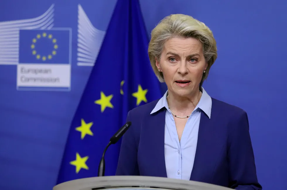 European Commission President Ursula von der Leyen at a press conference on Ukraine.