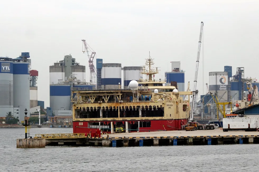 Docked: PGS' survey vessel Ramform Sovereign in Singapore in October 2021.