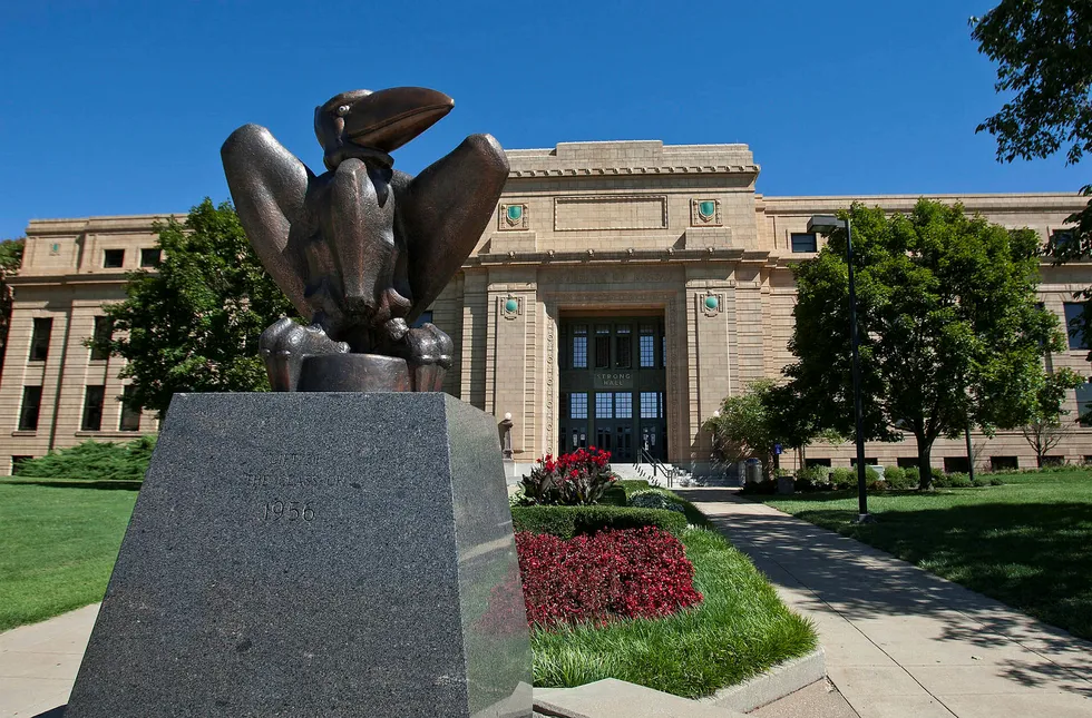 Krenkelsesstudier er forposten i den turbulensen som feier over universiteter i hele den vestlige verden. Her fra University of Kansas i USA. I forgrunnen, universitetets maskot, the Jayhawk.